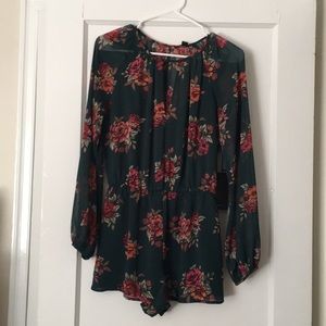 Forever 21 dark green romper with floral pattern